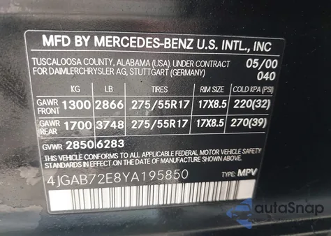 2000 Mercedes-Benz Ml 430 z USA, uszkodzony, nr VIN 4JGAB72E8YA195850